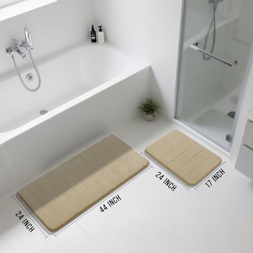 Yimobra Large Bath Mat Set 2 Piece- Super Soft Absorbent Quick Dry Memory Foam Bathroom Rugs, Machine Washable Non Slip Floor Carpet for Tub Shower & Double Vanity (17x24 & 44x24, Pale Khaki) - color: Pale Khaki, size: 44x24+24x17 Inch