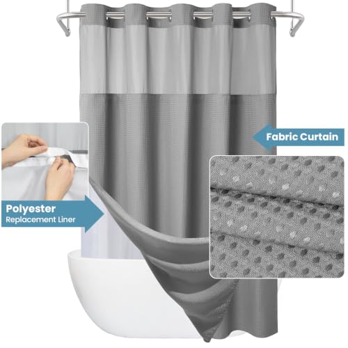 EUTXL Heavyweight Extra Long No Hook Shower Curtain with Snap in Liner,256GSM Waffle Weave Shower Curtains for Bathroom,71W x 92H,Grey - color: Grey, size: 71"W x 92"L (Pack of 1)