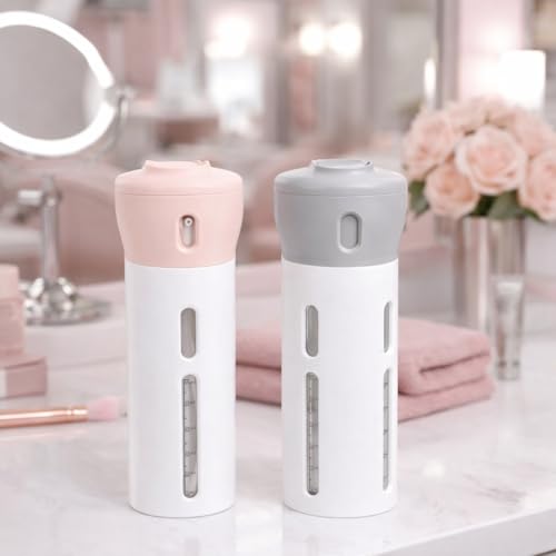 Travigo 4-in-1 Travel Dispenser Bottle Set, TSA Approved, Leak Proof, Reusable 1.4 oz. (40 mL) Toiletry Containers for Shampoo, Conditioner, Soap, Lotion, Skincare (2 Pack, Pink & Gray) - color: 2 Pack (Pink Gray)