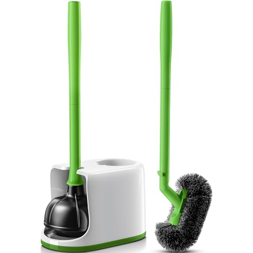 HAMITOR Toilet Plunger Bowl Brush Combo：Heavy Duty Rubber for Drain Clog Remover - Curved Design Bristles for Deep Cleaning Under Rim - Compact Bathroom Cleaning Tools for New Homet Essentials-Green - color: D-green, size: 1 pack