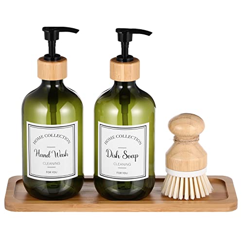 Zopeal 4 Pcs 16 oz Kitchen Soap Dispenser Set with Bamboo Tray and Dish Brush Plastic Soap Dispenser Set with Waterproof Labels for Hand Dish Lotion(Green) - color: Green