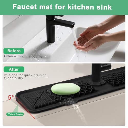 24 Inch Faucet Mat For Kitchen Sink ，5°Slope Fast Draining Silicone Mat , For Kitchen Sink Splash Guard, Bathroom Faucet Draining gadgets (black, 24" x 5.7")