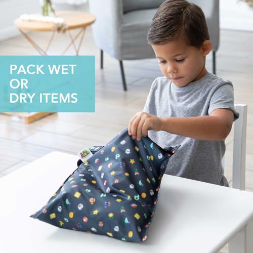 Bumkins Waterproof Wet Bag for Baby, Travel, Swim Suit, Cloth Diapers, Pump Parts, Pool, Beach, Gym Clothes, Toiletry, Hook to Stroller, Daycare, Zipper Reusable Wetdry Packing, Nintendo Super Mario - color: D1 Super Mario Lineup, style: Wet Bag