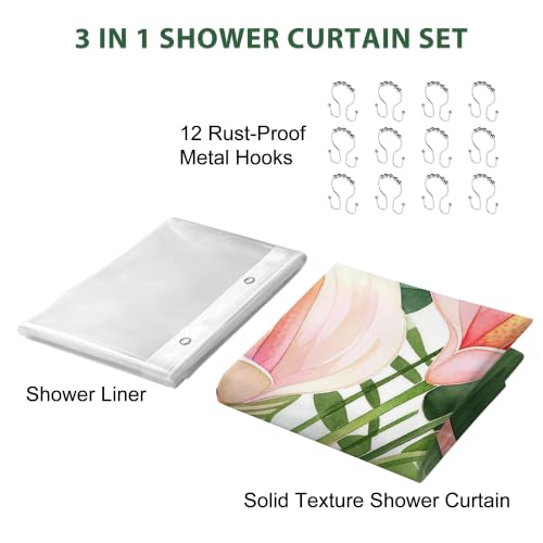 LQCOOL Pink Anthurium Tropical Leaves Shower Curtain and Liner, 3 in 1 Shower Curtain Set with 12 Double Sided Shower Curtain Hooks, Waterproof Fabric Shower Curtains for Bathroom,72" W*72" H - color: Pink Leaf