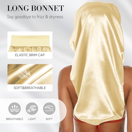 Long Hair Bonnet-Hair Wrap Net for Silk Press Set Braid Bonnet for Sleeping Extra Long Wrap Cap 2 Piece Set Anti Frizz Reusable Elastic Shower Cap for Braids, Curly(black net, gold bonnet) - color: Black Net, Gold Bonnet