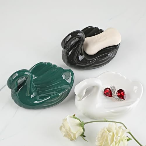 Draining Soap Dish, Elegant Swan Shape, Fluted Design, Cute Ceramic Tray(Green) - color: Green