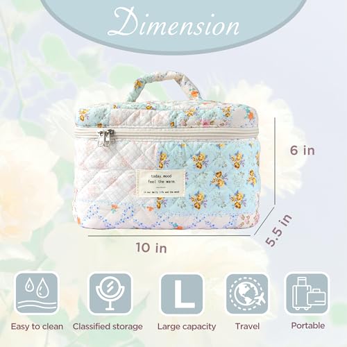 Sminra Makeup Bag Large Travel Quilted Cosmetic Makeup Bag Organizer, Floral Cotton Coquette Aesthetic Toiletry Bag for Women Girls (Blue Floral Collage-L) - color: Blue Floral Collage-L