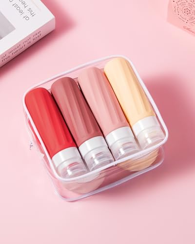 Mrsdry Travel Size Toiletries 8 Pack, TSA Approved 3oz Silicone Squeeze Bottles & Cream Jars with Clear Travel Bag - color: Cherry Red, size: 3oz bottle 3oz jar