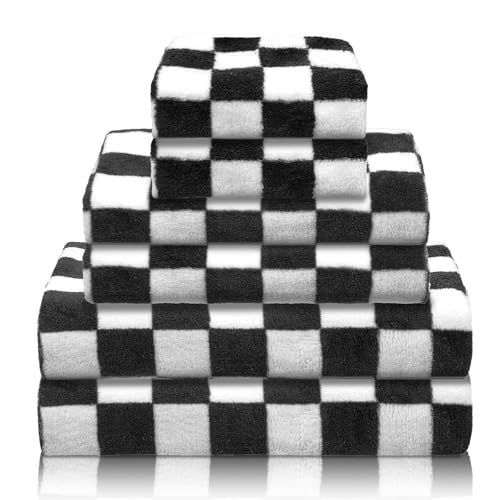 Kinlop 6 Pcs Checkered Bath Towels Set Back to School Lightweight Coral Washcloth Quick Dry Patterned Thin Coral Fleece Hand Towel for Bathroom Gym Spa Beach Accessory(Dark Grey,Checkered) - color: Dark Grey, style: Checkered