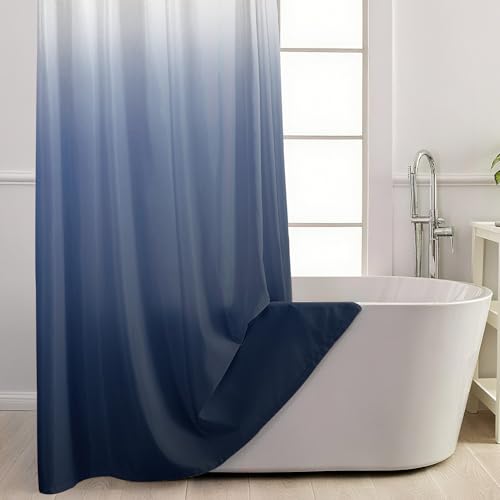 No Hook Shower Curtain with Snap in Liner, Ombre Navy Blue Shower Curtains and Liner Set, Hotel Fabric Bath Curtain for Bathroom, Mesh Top Window Waterproof Washable, 71" x 74" - color: Ombre Blue, size: 71"W x 74"L (Pack of 1)