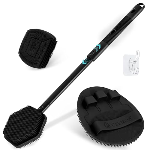 Silicone Back/Face Scrubber & Bath Glove Set 3PCS, Extendable Back Scrubber with Dual-Side Large Head, 360° Anti-Slip Bath Glove, Unique Side-bristle Face Scrubber for All-round Cleaning(Black) - color: Black*3