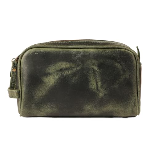 KomalC Leather Toiletry Bag for Men & Women – Handcrafted Travel Grooming Kit with Water-Resistant Lining and Secure Zipper Closure - style: 1 Zip Classic Light Green