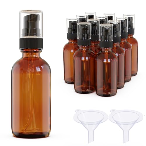 12Pack 2oz Amber Glass Pump Bottles, 60ml with Black Pump, Empty Refillable Travel Small Container For Lotion Cream Essentil Oil Shampoo (2oz) - size: 2oz Amber Glass