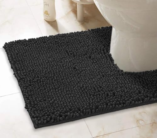 LuxUrux Black Bath Mat - U-Shaped Contoured Rug for Around Toilet, Super Absorbent Shaggy Bath Rug. Easy Machine Wash & Dry (20 x 23, Black) - color: Black, size: 23'' x 20'' U