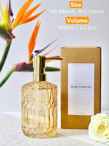 LaMarriti Clear Glass Soap Dispenser with Gold Rust Proof Pump, Refillable Thick Glass Kitchen Soap Dispenser, Lotion Dispenser Bathroom for Hands Soap, Dish Soap, Body Wash (Yellow Gold - color: Clear Gold