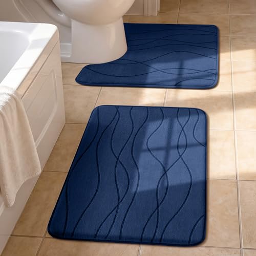 YIHOUSE Bathroom Rugs Set 2 Piece, Memory Foam Bath Mat Navy Blue | U Shaped+Small Mat, Ultra Soft, Absorbent, Non-Slip, Machine Washable, for Bathroom, Sink and Toilet - color: Dark Blue, size: 2' x 1'5" (Rectangular)