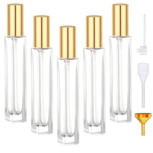 Segbeauty 0.34oz Clear Glass Perfume Atomizer for Travel Refillable Bottle, 5pcs Fine Mist Cologne Spray Bottles with Gold Cap, 10ml Empty Perfume Sprayer with Refill Kit, Small Liquid Containers - color: Clear, style: Mini Bottle Set