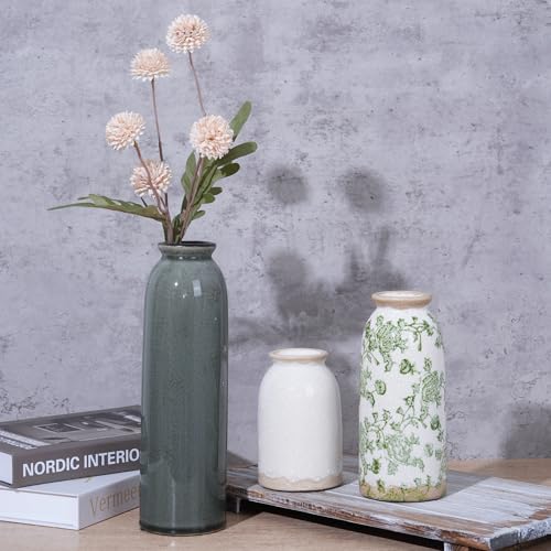 Vintage Ceramic Vase Set of 3, Flower Small Chinoiserie Vase Rustic Modern Farmhouse Centerpiece Decorative Pottery Vases for Table Mantel Entryway Bookshelf Living Room Kitchen Home Decor - color: Vintage- Green