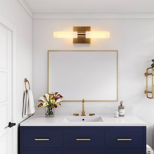 KUZZULL Modern Wall Sconces, Set of 2 Brushed Brass Gold, Frosted Glass Shade, Indoor Wall Mounted Lights, Bathroom Sconces, 36 cm, for Bedroom Wall Lamp - color: brass gold frosted