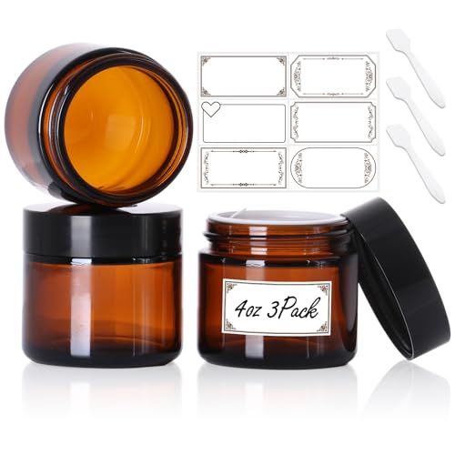 4oz Airtight Glass Jars with Lids, 3 Pack Amber Empty Small Cosmetic jars | Small Cosmetic Containers with Inner Liners, Leak-Proof Travel Jars for Lotions, Scrubs, and Candle Making, Labels & Spatulas - color: Amber-4oz-3pcs