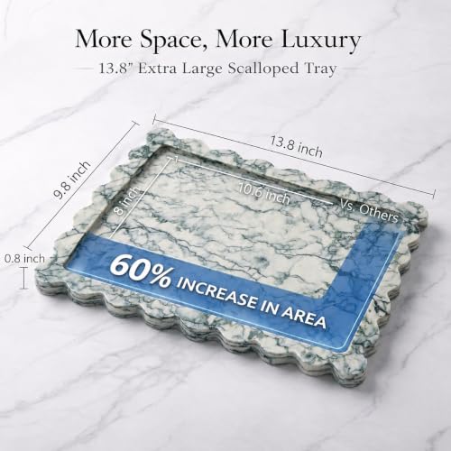 14" x 10" Large Genuine Cyan Green Scalloped Marble Tray, Pre-Sealed for Stain & Water Resistance, Luxury Decorative Trays for Vanity, Bathroom, Dresser, Coffee Table, Home Decor - color: Cyan Green