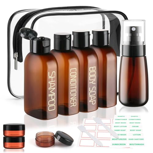 Cosywell Travel Bottles for Toiletries 9PCS Plastic Squeeze Bottles TSA Approved Travel Size Containers Leakproof Plastic Cream Jars Refillable Cream Lotion Travel Essential Toiletries - color: E-Brown