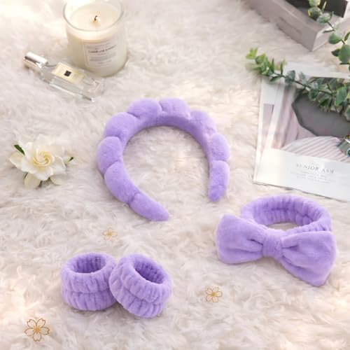 Skincare Headband Washing face Wristband Set, Purple | Soft absorbent fabric, snug head-hugging fit for face washing, skincare, makeup, masks, travel, women and teen girls - color: Purple