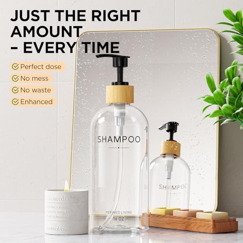 Shampoo and Conditioner Dispenser Set,Shower Soap Dispenser for Bathroom,Refillable Shampoo and Conditioner Bottles with Bamboo Pump and Tray,Soap Dispenser Bathroom for Shower (Transparent, 3-Pack) - color: Transparent