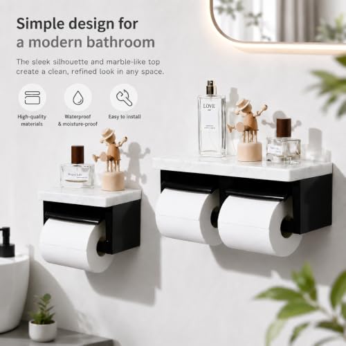 Matte Black Marble Twin Toilet Paper Holder, Modern Silver Wall Mount Dual Toilet Paper Holder with Phone Shelf, Slim Marble Toilet Paper Dispenser - color: Marble Black&silver, size: Full