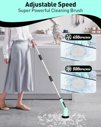 Electric Spin Scrubber for Cleaning Bathroom, Shower Scrubber Cordless Cleaning Brush with IPX7 Waterproof & 2 Speed, 3 Brush Heads, Bathroom Cleaning Supplies for Toilet Shower Tub Mint Green - color: Mint Green, size: 3 Brush Heads