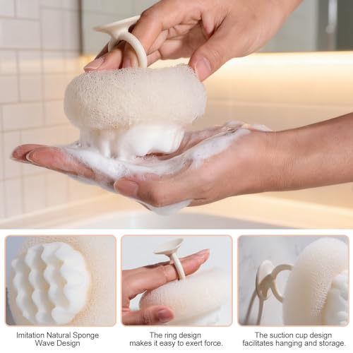 Bath Tools Set, 5 PCS Loofah Washcloth Combo 2-in-1, Suction Cup Bath Ball，Silicone Body Bath Brush with Waterproof Cosmetic Bag, for Body Wash and Smooth Skin