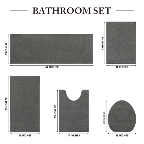 YIHOUSE Bathroom Rugs, Set of 5 Ultra Thin Bath Mat, Non-Slip, Quick Dry, Machine Washable Bathroom Mat Set for Bathroom Floor, Tub and Shower, Dark Grey