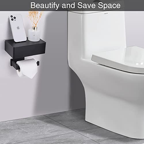 Adhesive Toilet Paper Holder with Shelf and Storage, Wall Mount Toilet Paper Roll Holder & Flushable Wipes Dispenser Set Fits Any Bathroom, Stainless Steel Tissue Holder-Square, Matte Black - color: Black Square