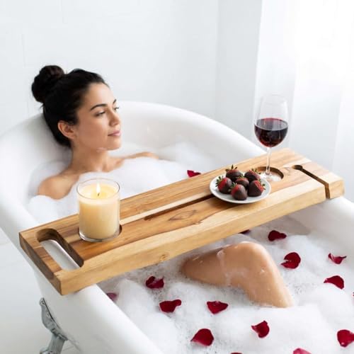 EcoDecors Eleganto 30" Live Edge Solid Teak Bath Caddy Tray with Handle, Book & Tablet Holder, Wine Glass Holders, Luxury Bathtub Tray - style: 30" Live Edge