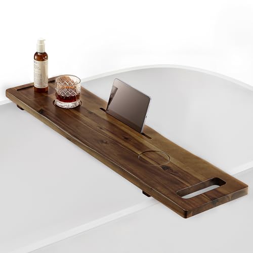 Tinamo Acacia Bathtub Tray Caddy with Adjustable Legs - Bath Tub Tray for Freestanding Tubs - 39x9.75 Inch Large Wooden Anti-Tipping Tub Tray for Bathtub with Accessories Holders (Walnut, 39x9.75) | Acacia Wood, Adjustable Width, 39" x 9.8" x 2.5", Multi-