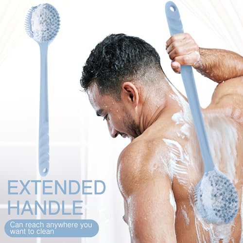 Sunnyray 2 Pack Silicone Back Scrubber for Shower with 15" Long Handle Double-Sided Bath Body Brush for Exfoliating Easy to Clean Quick Dry Deep Cleaning Lathers Well(Gray Blue) - color: Gray Blue
