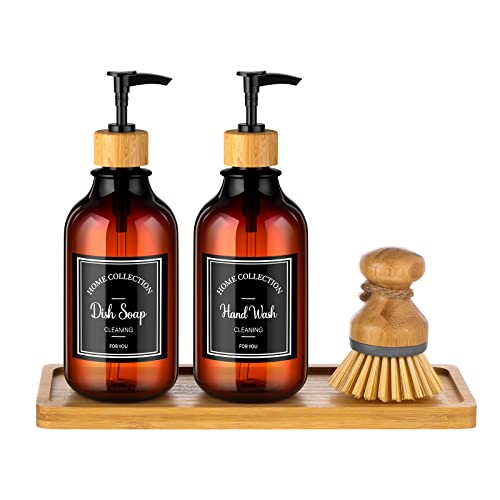 Zopeal 4 Pcs Kitchen Soap Dispenser Set with Bamboo Tray and Dish Brush Plastic Soap Dispenser Set with Waterproof Labels for Hand Dish Lotion(Brown) - color: Brown