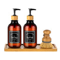 Zopeal 4 Pcs Kitchen Soap Dispenser Set with Bamboo Tray and Dish Brush Plastic Soap Dispenser Set with Waterproof Labels for Hand Dish Lotion(Brown) - color: Brown