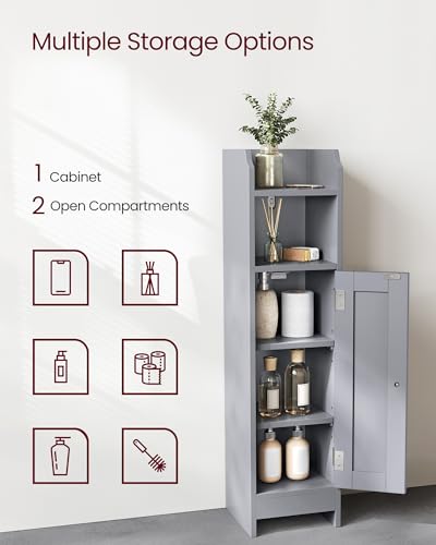 VASAGLE Small Storage Corner Floor Cabinet with Door, 7.9 x 7.1 x 31.5 Inches, Narrow Toilet Paper Storage Holder, Adjustable Shelves, for Bathroom, Living Room, Small Spaces, Dove Gray UBBC310P36 - color: Dove Gray, style: 1door+1open compartment (31.5"H