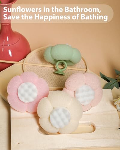 2026 Super Soft Flower-Shaped Suction Cup Bath Sponge, Upgraded 2-in-1 Flower-Shaped Ball Exfoliating Bath loofah Cleaning Brush, Mesh Shower Body Sponge Accessories for Women, Men Shower (4 Color) - style: Jasmine Cloud Powder+Fruit Green+Warm White+Cher