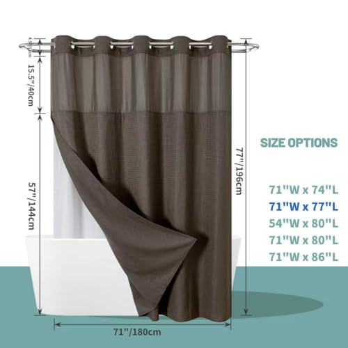 eachope Brown No Hook Waffle Weave Shower Curtain with snap-in Liner Replacement, 230GSM Waterproof Fabric Hotel Shower Curtain Set for Bathroom, Through Mesh Top Window,71Wx77H - color: Brown, size: 71"W x 77"L (Pack of 1)