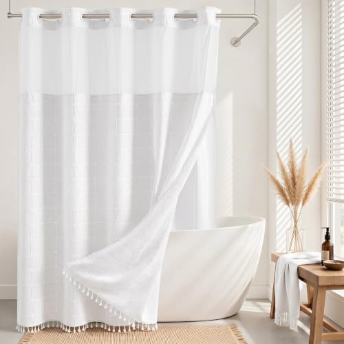 Farmhouse Shower Curtain with Snap-in Liner, No Hooks Needed ,Fabric Shower Curtains with Tassels for Rustic Bathroom Decor,with Window,with Magnets,Water Repellent&Machine Washable,White,71x74Inch - color: White-window, size: 71"W x 74"L (Pack of 1)