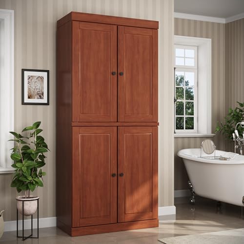 Palace Imports Solid Wood Tall Bathroom Pantry Cabinet with 4 Wooden Doors & Adjustable Shelves, Mocha - 100% Eco-Friendly, Renewable, Space-Saving Storage, 71.5" H x 32" W, Made in Brazil - color: Mocha