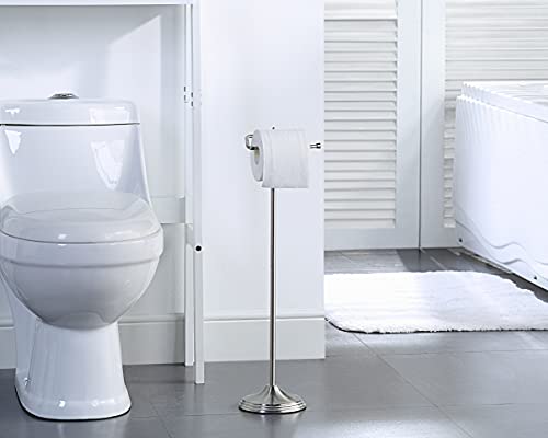 SunnyPoint Bathroom Free Standing Toilet Tissue Paper Roll Holder Stand with Reserve Function, Satin Nickel - color: Satin Nickel