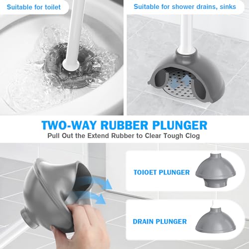 Toilet Plunger and Brush Set, Silicone Bowl Brush and Heavy Duty Toilet Plunger with Ventilated Holder, 2-in-1 Toilet Brush and Plunger Combo for 5.3-inch Toilet Drain Bathroom Deeply Cleaning - color: White & Grey01