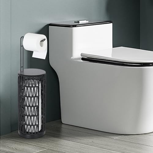 Black Freestanding Toilet Paper Holder with Storage,3 Rolls of Tissue Holder for Bathroom,Handmade Woven Toilet Paper Roll Holder Stand,Rattan Sturdy Boho Bathroom - color: Black