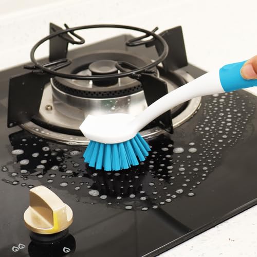 Dish Brush with Handle, 2 Pack Scrub Brushes with Built-in Scraper for Cleaning Kitchen, Pots, Pans and Sink, Scrubber Washing Tools, Blue - color: Blue