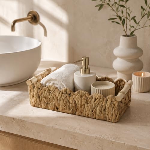 Scalloped Edge Toilet Paper Basket, Water Hyacinth Wicker Basket for Back of Toilet Tank, Long Narrow Bathroom Counter Organizer with Wooden Handles for Vanity, Shelf, Storage