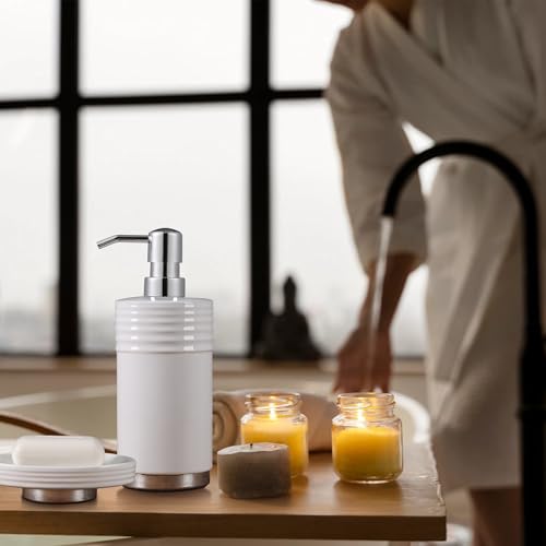 RQYIXI Bathroom Accessories Set 4 Pieces Ceramic Bathroom Accessory with Metal Base Set Contain Soap Dispenser Cotton Swab Jar Toothbrush Cup Soap Dish - color: White Metal Base