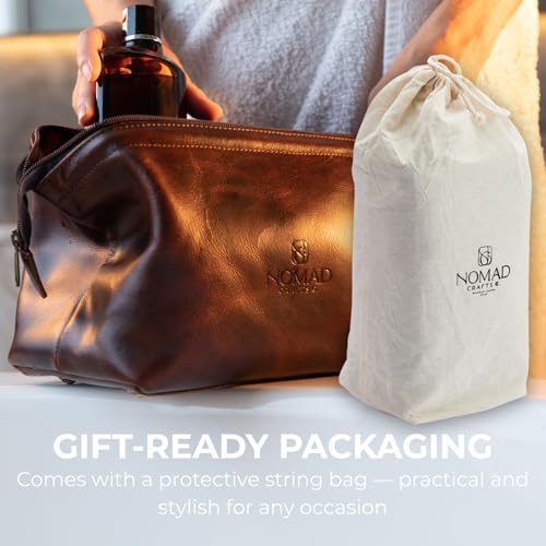 NomadCraftsCo. Premium Leather Travel Toiletry Bag for Men and Women, King-Size Dopp Kit with Waterproof Lining, Mens Toiletry Travel Bag - color: Brown